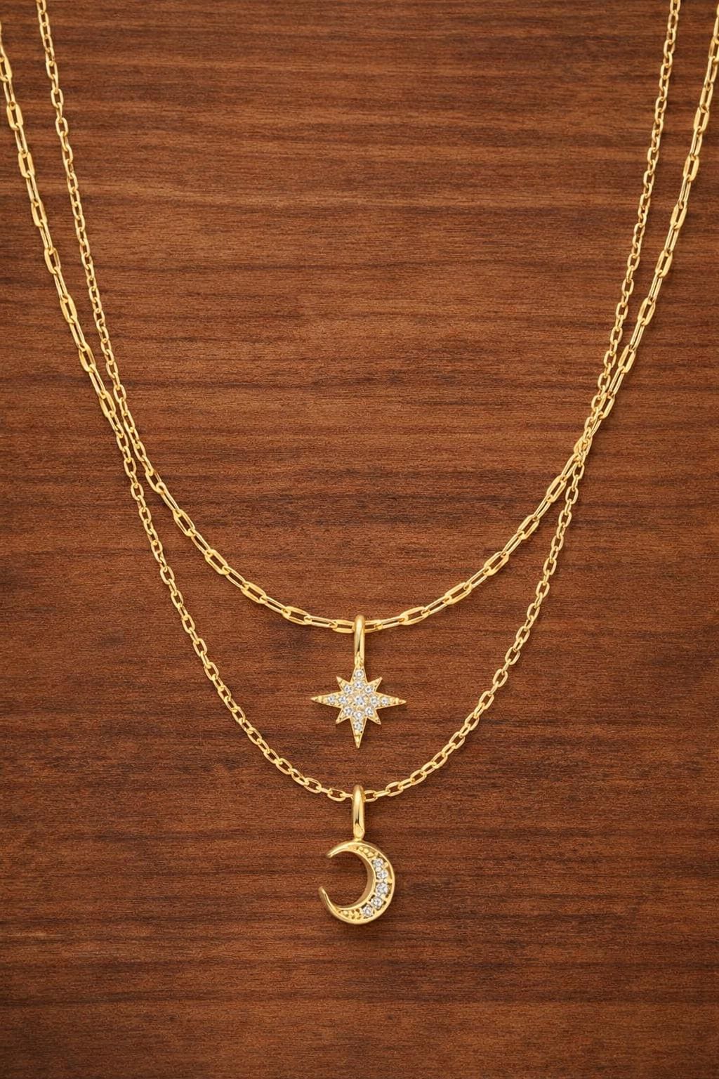 925 Sterling Silver Double Layer Star Moon Pendant Necklace, Celestial Elegant Jewelry