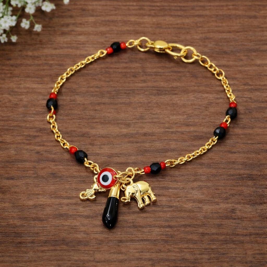 14K Gold-Tone Lucky Eye Elephant Charm Bracelet – Brass Protection Amulet