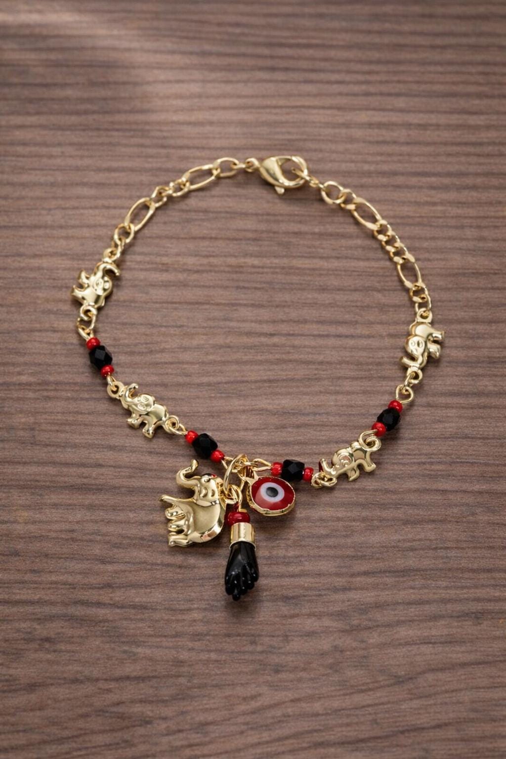 14K Gold-Tone Lucky Eye Elephant Charm Bracelet – Brass Protection Amulet