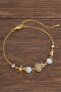18K Gold Ocean Star Shell Bracelet, Cat Eye Stone CZ Boho Beach Jewelry