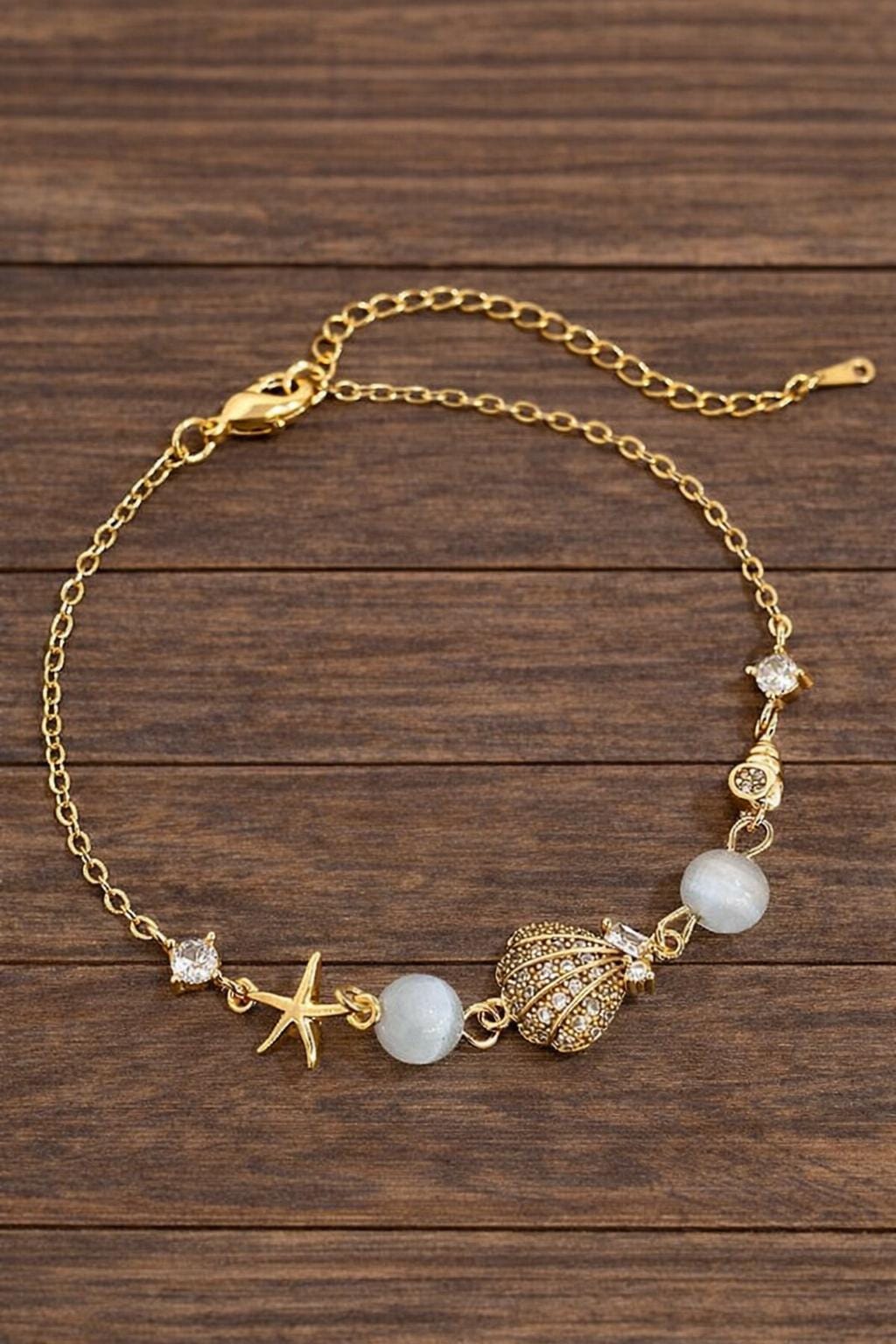 18K Gold Ocean Star Shell Bracelet, Cat Eye Stone CZ Boho Beach Jewelry