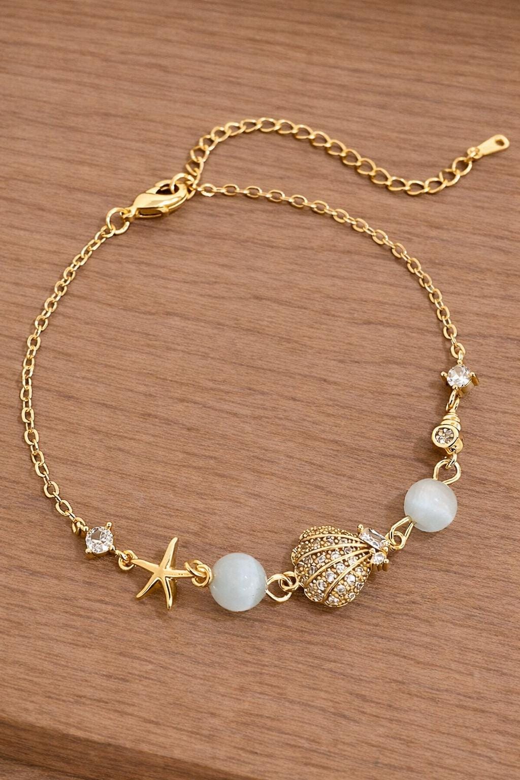 18K Gold Ocean Star Shell Bracelet, Cat Eye Stone CZ Boho Beach Jewelry