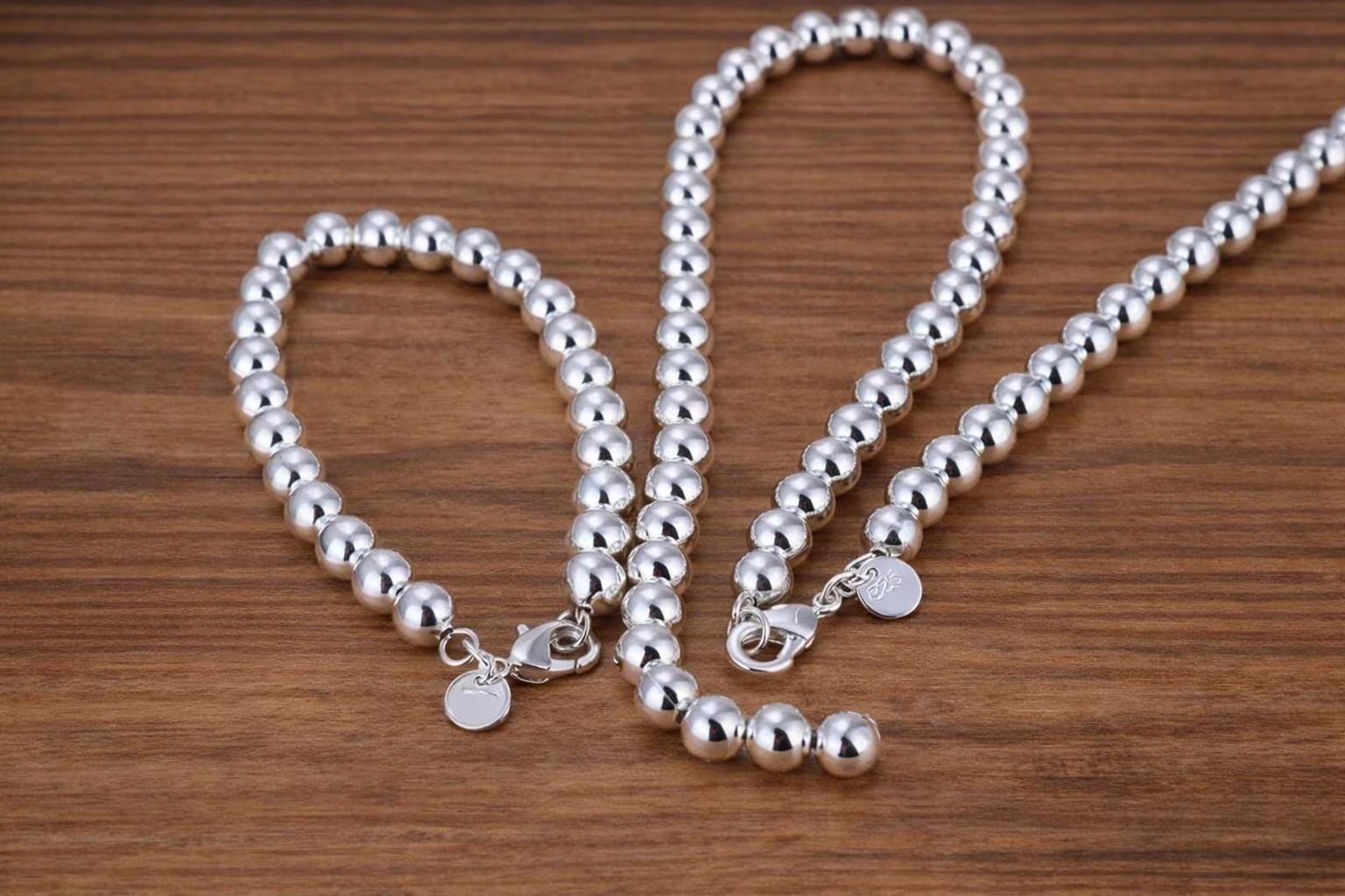925 Sterling Silver Bead Chain Set, Minimalist Couple Jewelry Necklace Bracelet