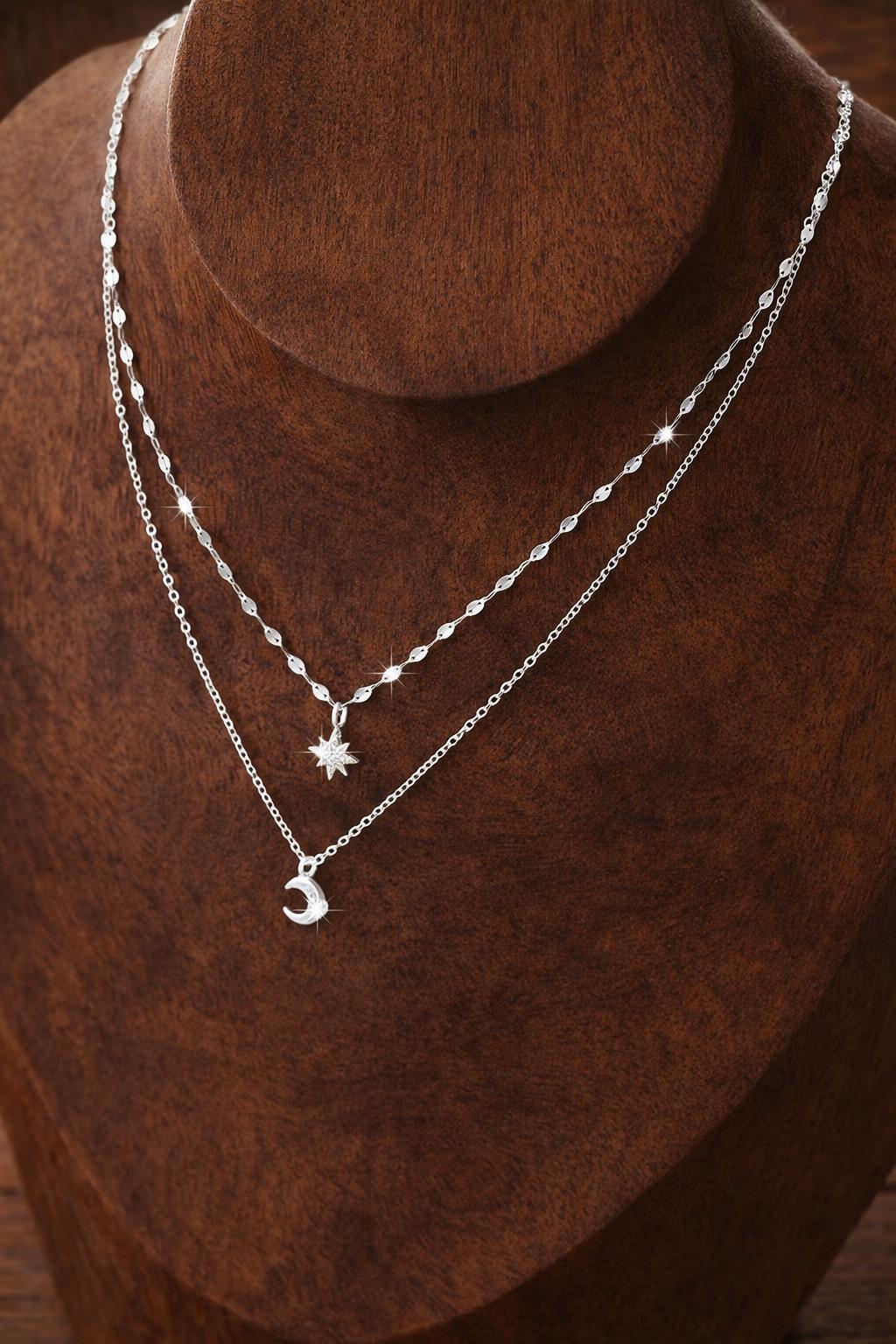 925 Sterling Silver Double Layer Star Moon Pendant Necklace, Celestial Elegant Jewelry