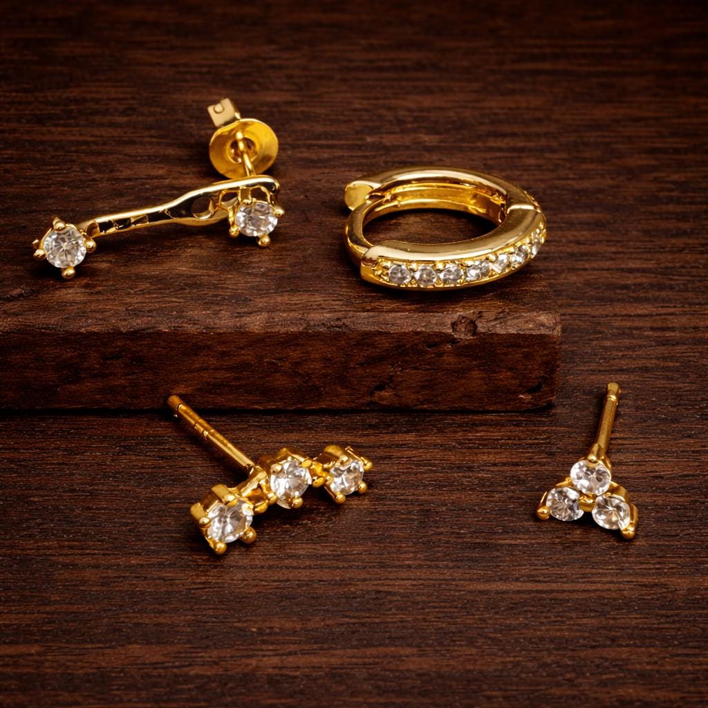 4-Pair Gold Plated Zircon Ear Stack, Huggie Hoop Stud Set, Hypoallergenic Jewelry