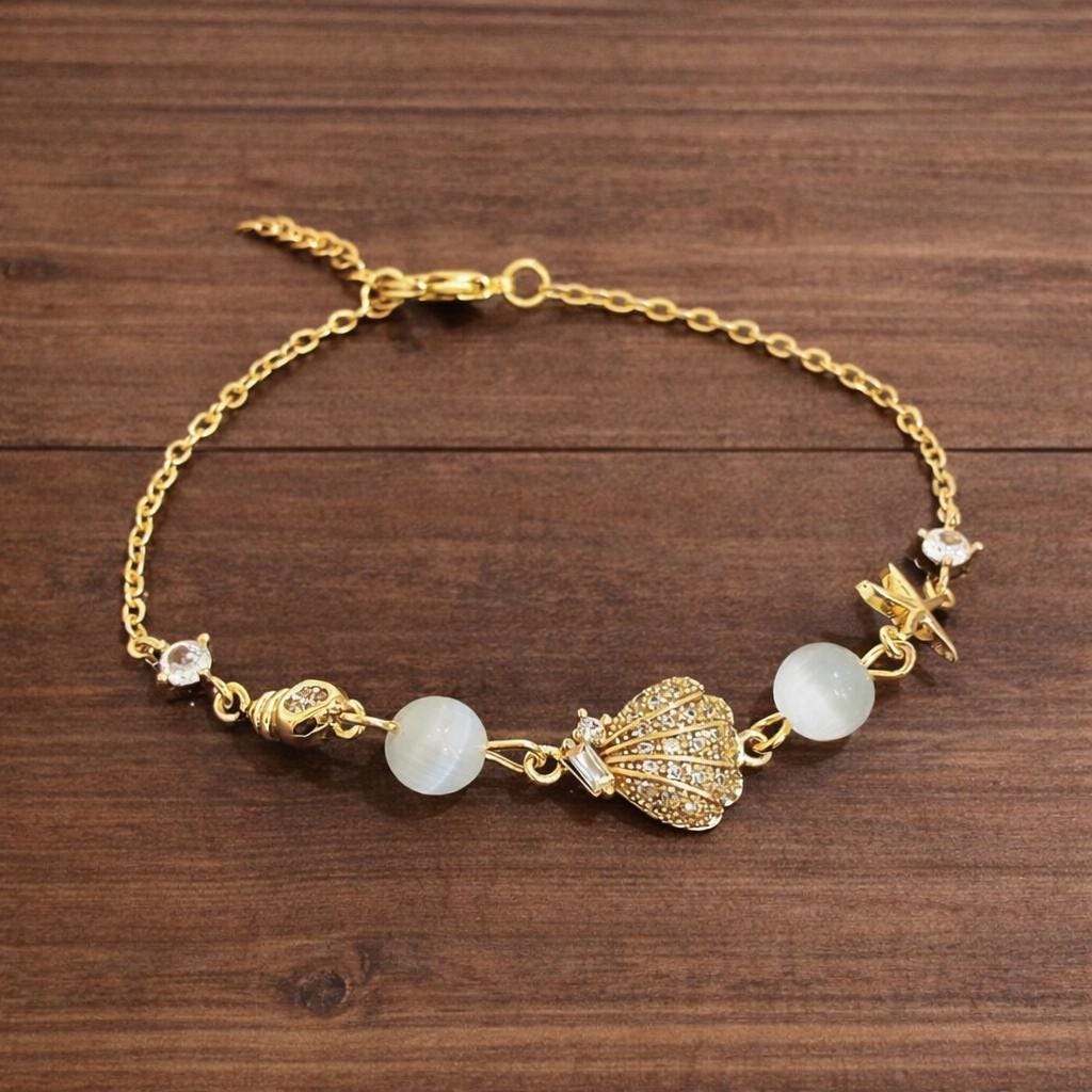18K Gold Ocean Star Shell Bracelet, Cat Eye Stone CZ Boho Beach Jewelry