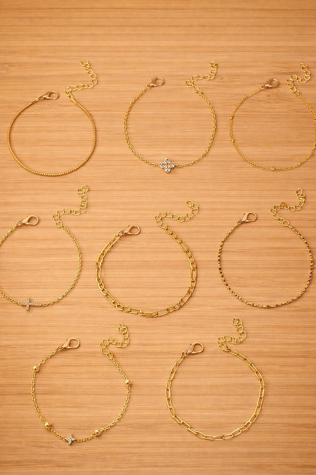 8pc Gold CZ Cross Clover Bracelet Set, Layered Dainty Chain Jewelry