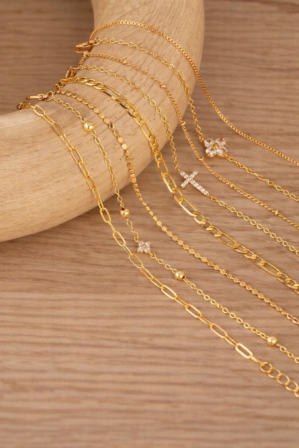 8pc Gold CZ Cross Clover Bracelet Set, Layered Dainty Chain Jewelry