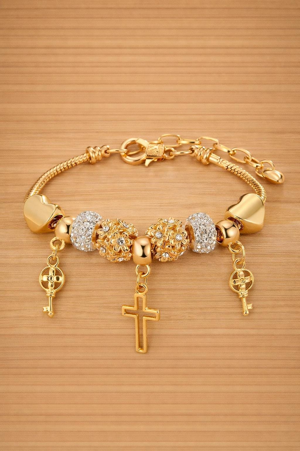 1pc Fashionable Heart, Cross, Floral Beaded Bracelet For Women With Cross Pendant Charm