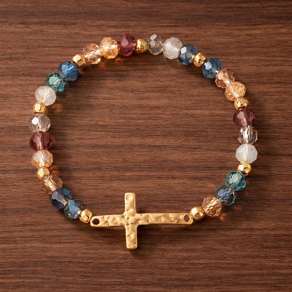 1pc Fashionable Simple & Versatile Car Wheel, Glass, Metallic Cross Beaded Bracelet