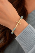 1pc Fashionable Simple & Versatile Car Wheel, Glass, Metallic Cross Beaded Bracelet