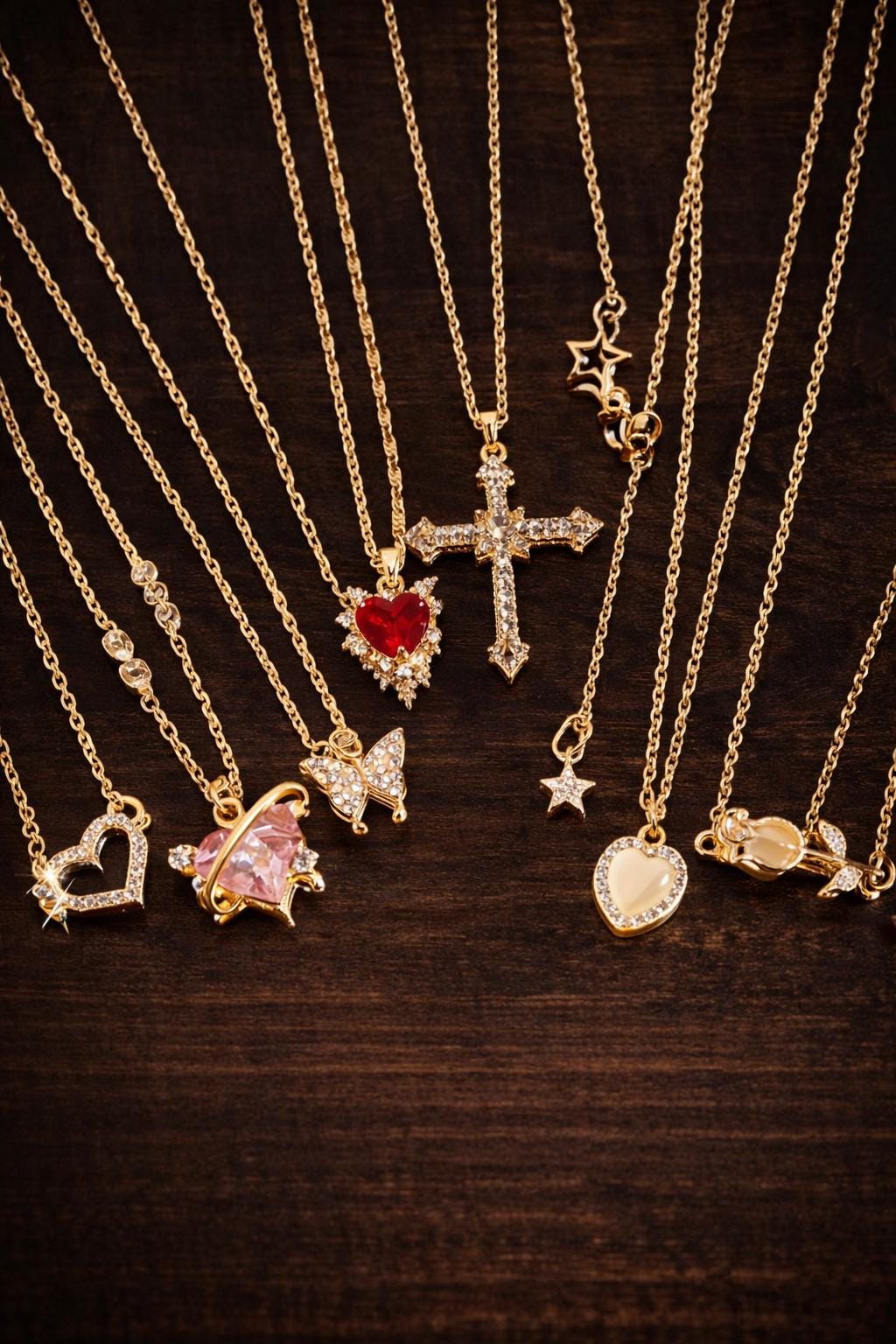 8-Piece Y2K Layered Necklace Set – Crystal Heart, Cross, Butterfly, Star Pendants