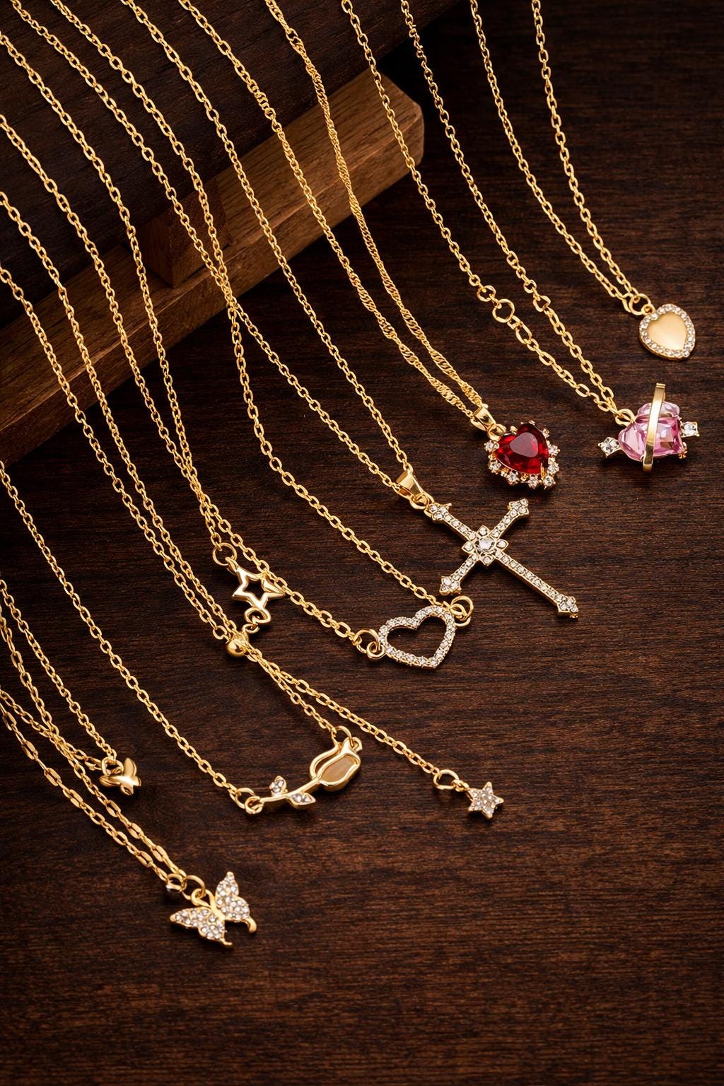 8-Piece Y2K Layered Necklace Set – Crystal Heart, Cross, Butterfly, Star Pendants