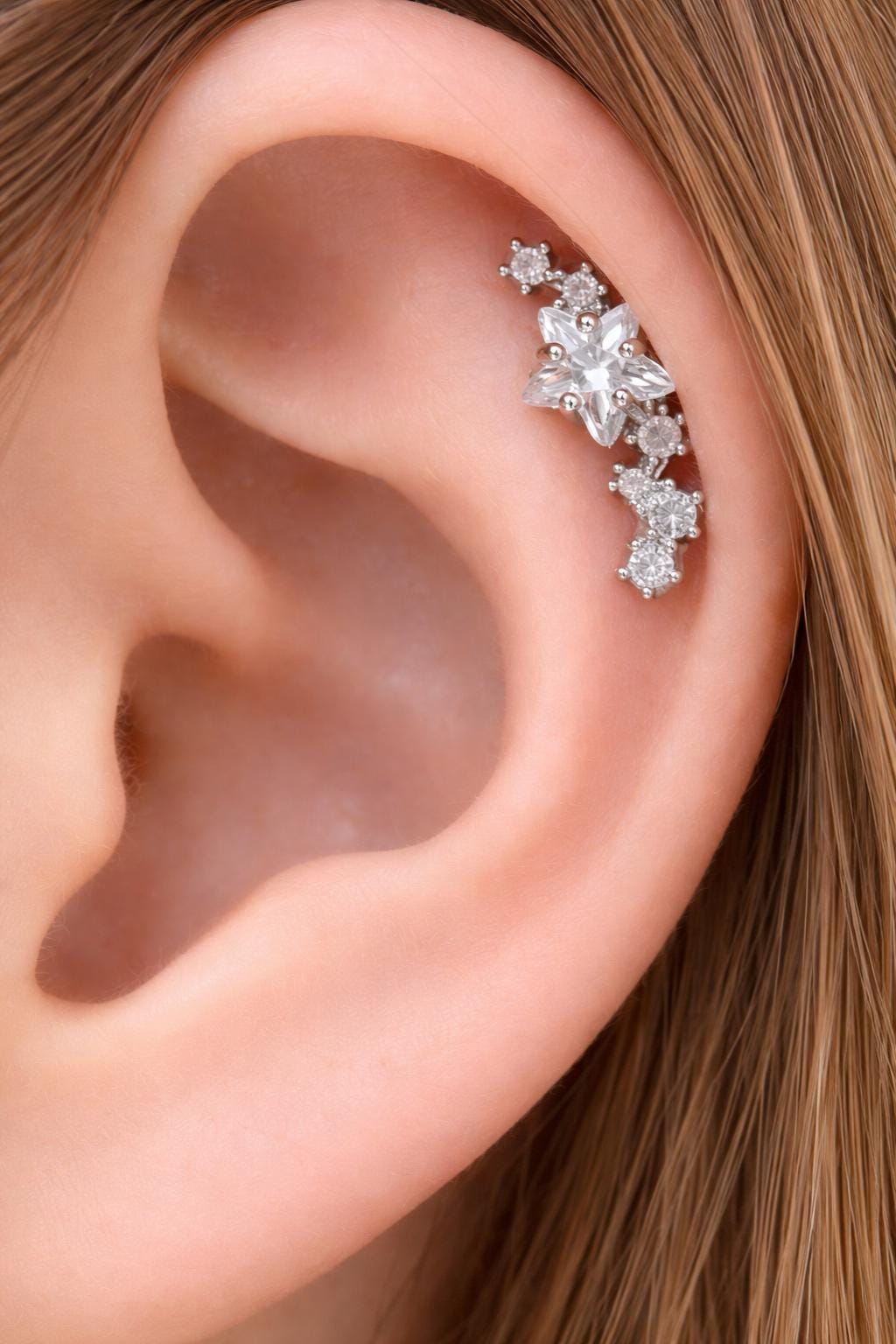 18K Gold Plated Star Crystal Earring, Helix Tragus Piercing, Hypoallergenic Stainless Steel