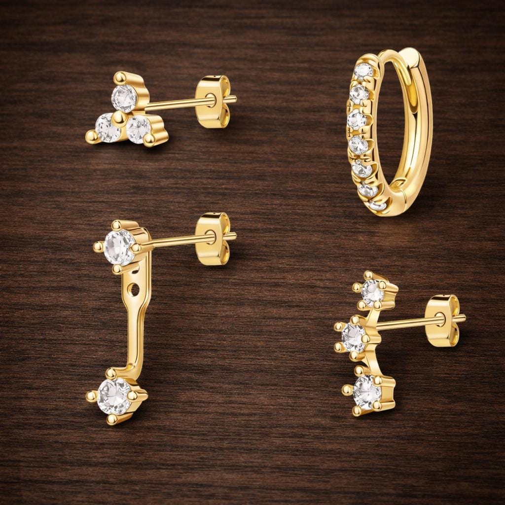 4-Pair Gold Plated Zircon Ear Stack, Huggie Hoop Stud Set, Hypoallergenic Jewelry