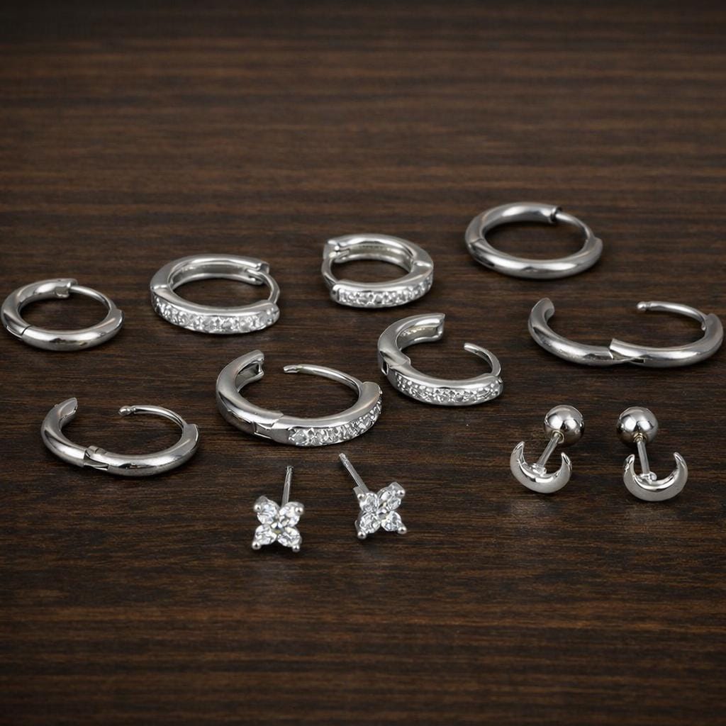 6 Pairs Moon Stud & Huggie Hoop Earrings Set, Stainless Steel CZ Hypoallergenic Cartilage Jewelry
