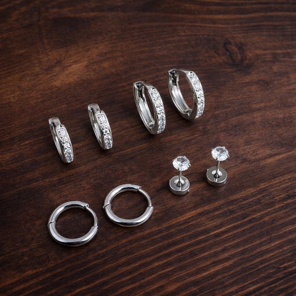 4 Pairs CZ Stud Earrings Set, Silver Tone Flat Back Cartilage Helix Minimalist Jewelry