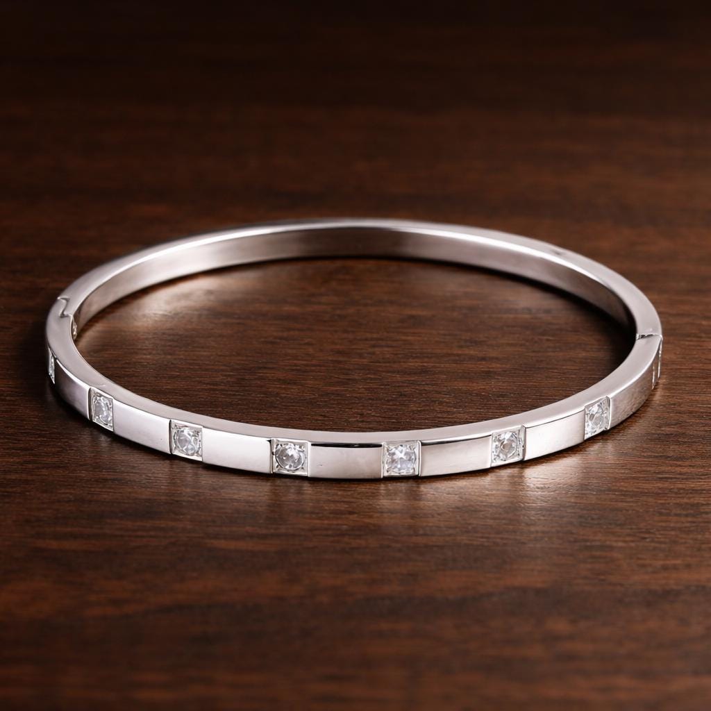 18K Gold Plated Stainless Steel Bangle Bracelet, Cubic Zirconia Minimalist Charm Jewelry